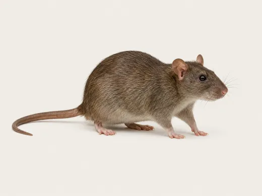 Wanderratte auf hellem Grund – gedrungener Körper, rundliche Ohren und kräftiger nackter Schwanz erkennbar
