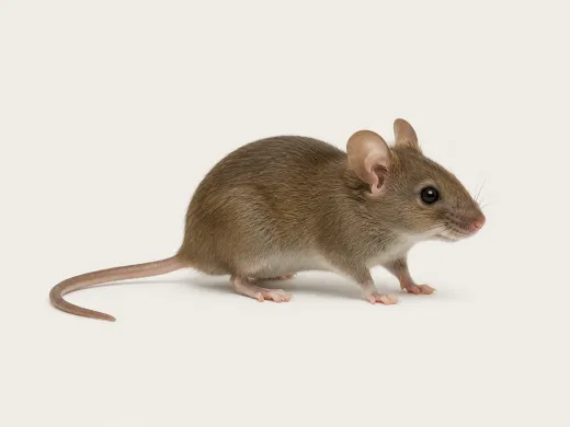 Hausmaus auf hellem Grund – kleiner Körper, große Ohren und langer, dünner Schwanz erkennbar