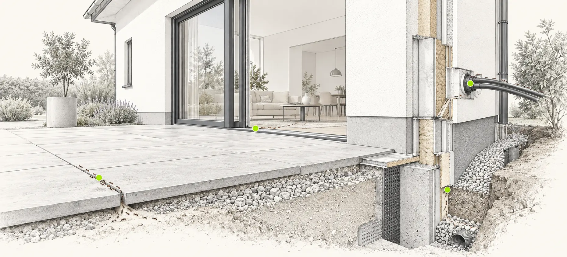 Technische Schnittzeichnung eines Hauses mit typischen Ameisenzugängen an Terrassenfuge, Türschwelle, Leitungseinführung und Sockel