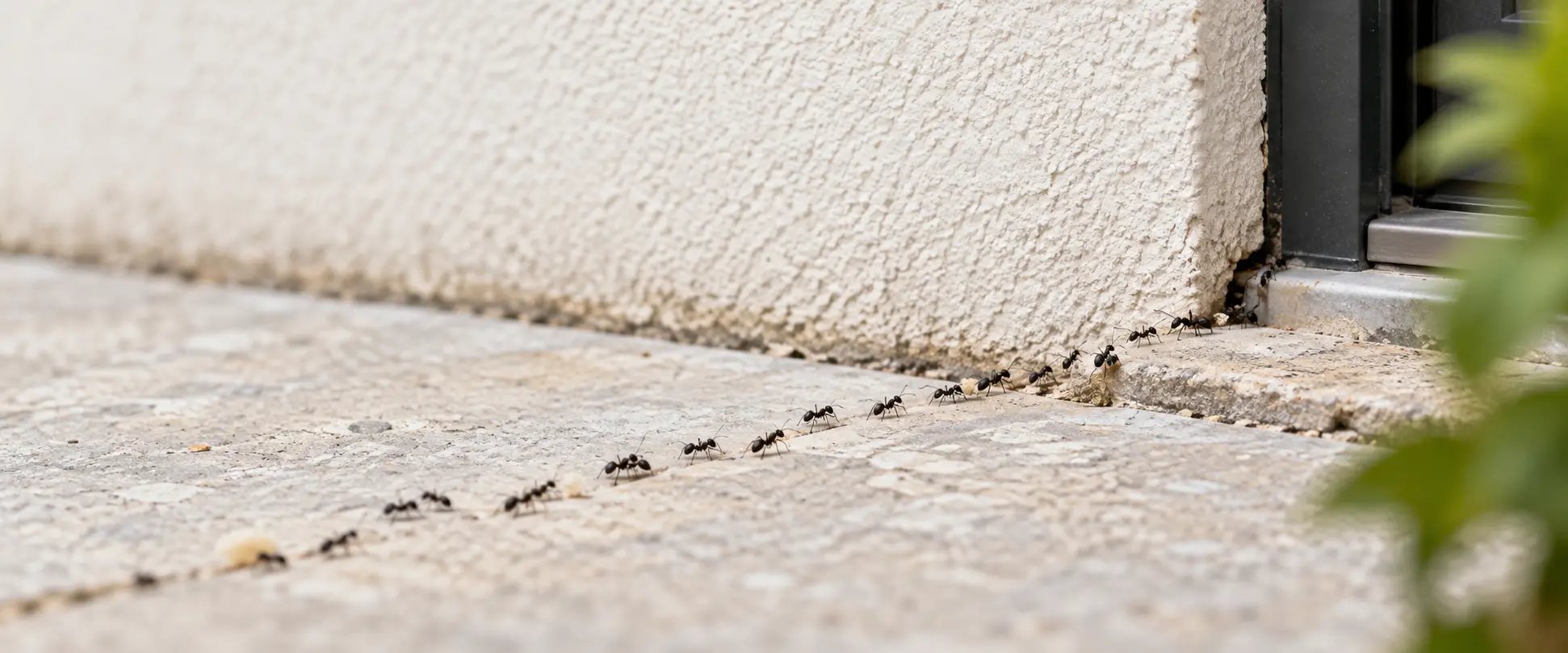 Ameisenlaufweg entlang einer Terrassenfuge bis zu einer Öffnung am Gebäude