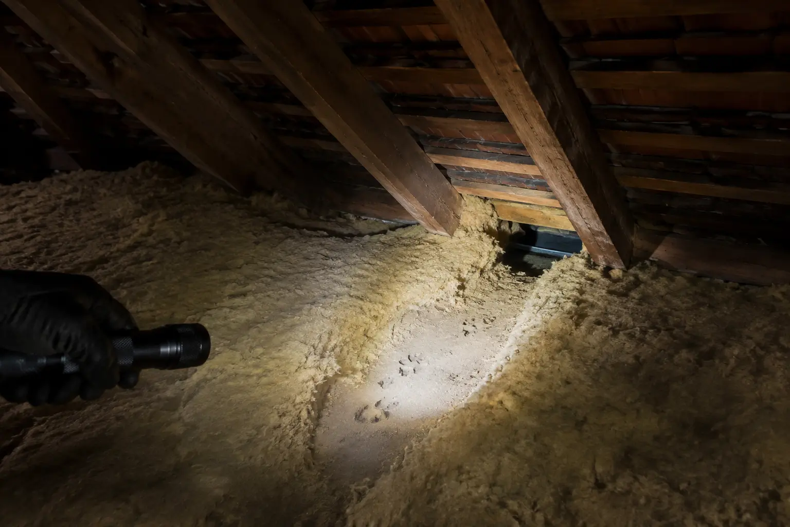 Mit einer Taschenlampe untersuchte Spuren in einem Dachboden
