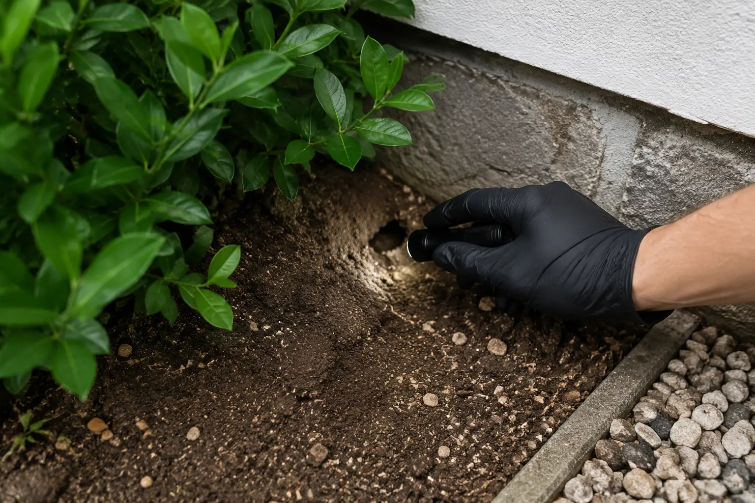 Techniker untersucht einen möglichen Nagetierzugang im Garten
