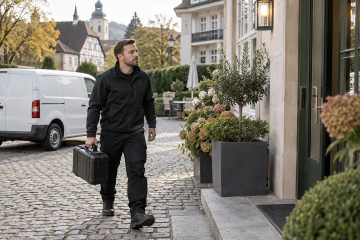 Fachkraft mit weißem Fahrzeug vor einem Gebäude