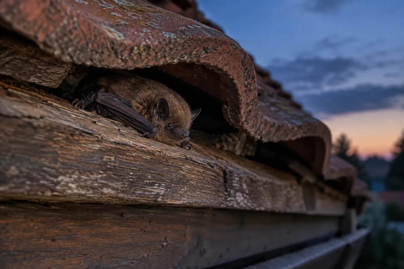 Fledermaus in einer geschützten Spalte unter Dachziegeln