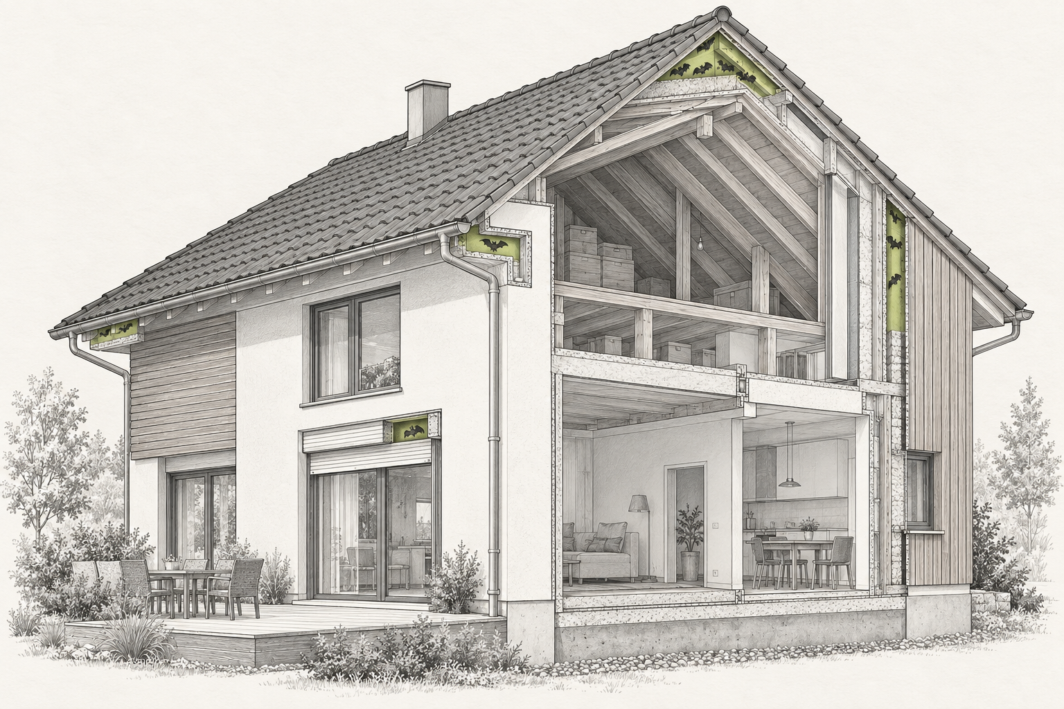 Schematischer Gebäudeschnitt mit grün markierten möglichen Fledermausquartieren an Traufe, Fassadenfuge, Rollladenkasten, Dachraum und Holzverkleidung