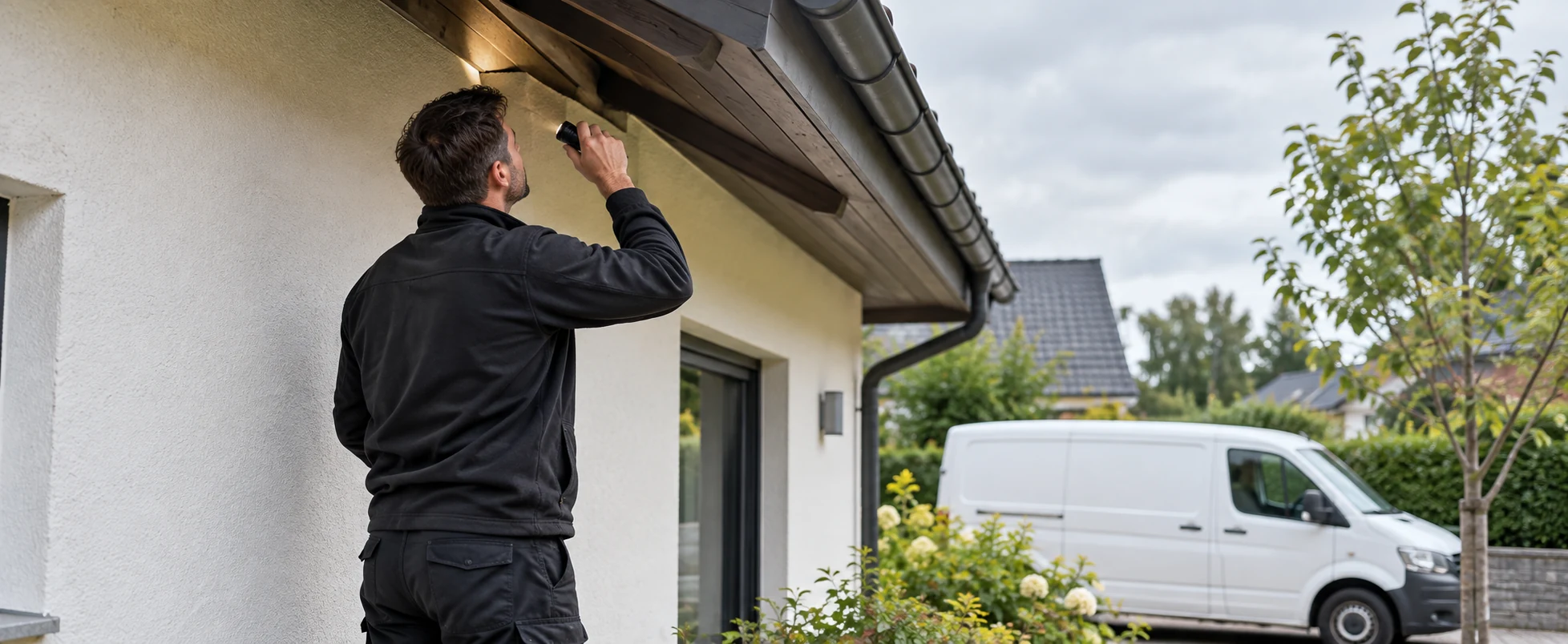 Person prüft mit einer Taschenlampe den Dachüberstand eines Wohnhauses