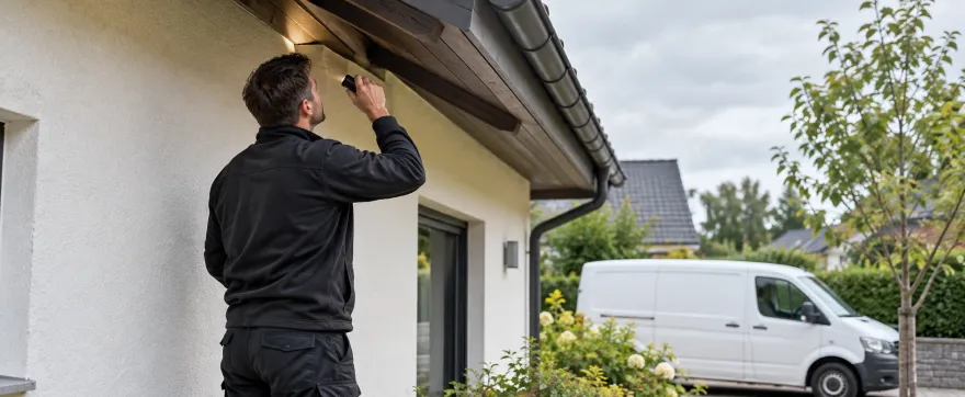 Person prüft mit einer Taschenlampe den Dachüberstand eines Wohnhauses