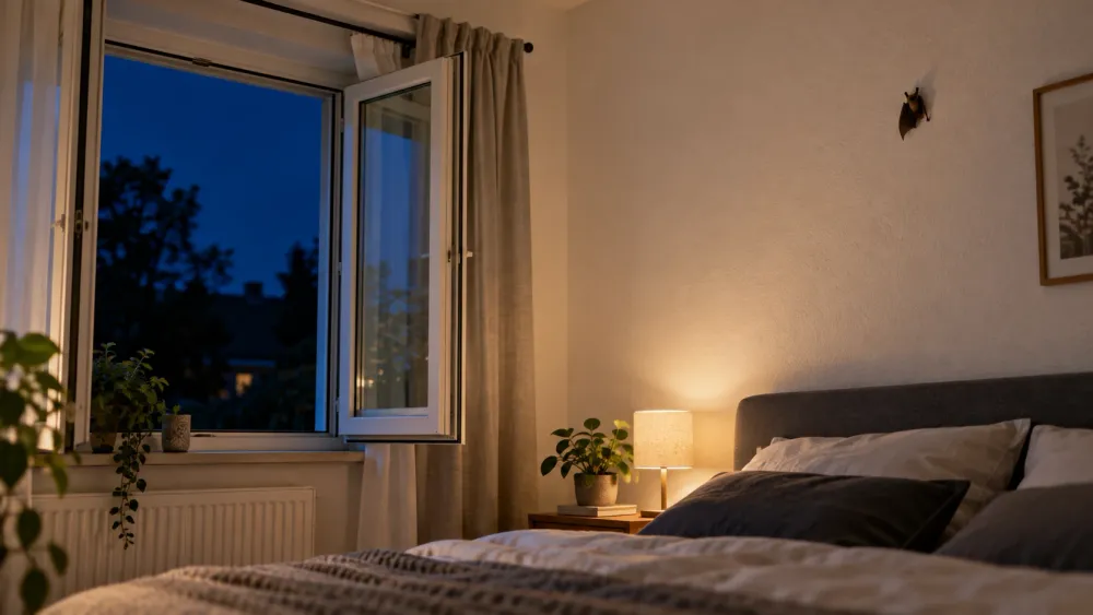 Einzelne Fledermaus an einer Schlafzimmerwand neben einem weit geöffneten Fenster in der Dämmerung