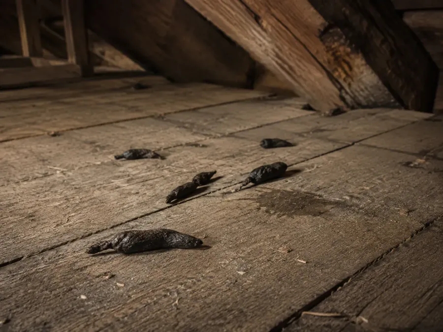 Typische dunkle Marderkotspuren und ein Urinfleck auf alten Dachbodenbrettern