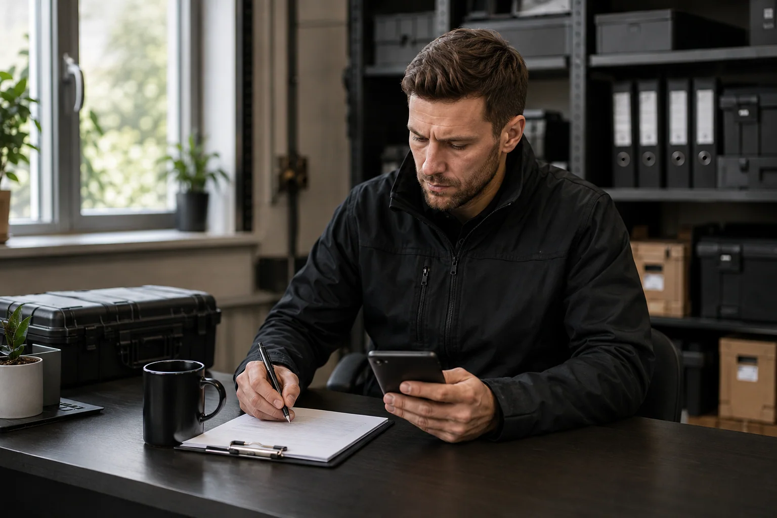 Techniker liest eine Anfrage auf dem Tablet und macht sich Notizen