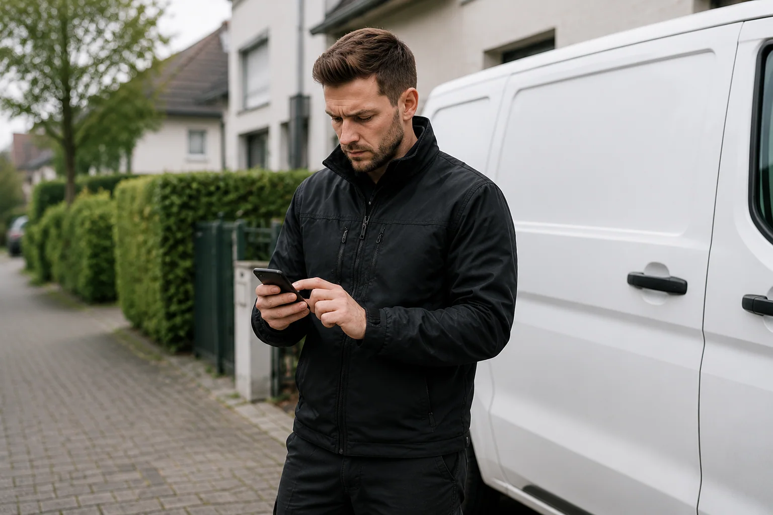 Techniker liest neben einem weißen Servicefahrzeug eine Nachricht auf dem Handy