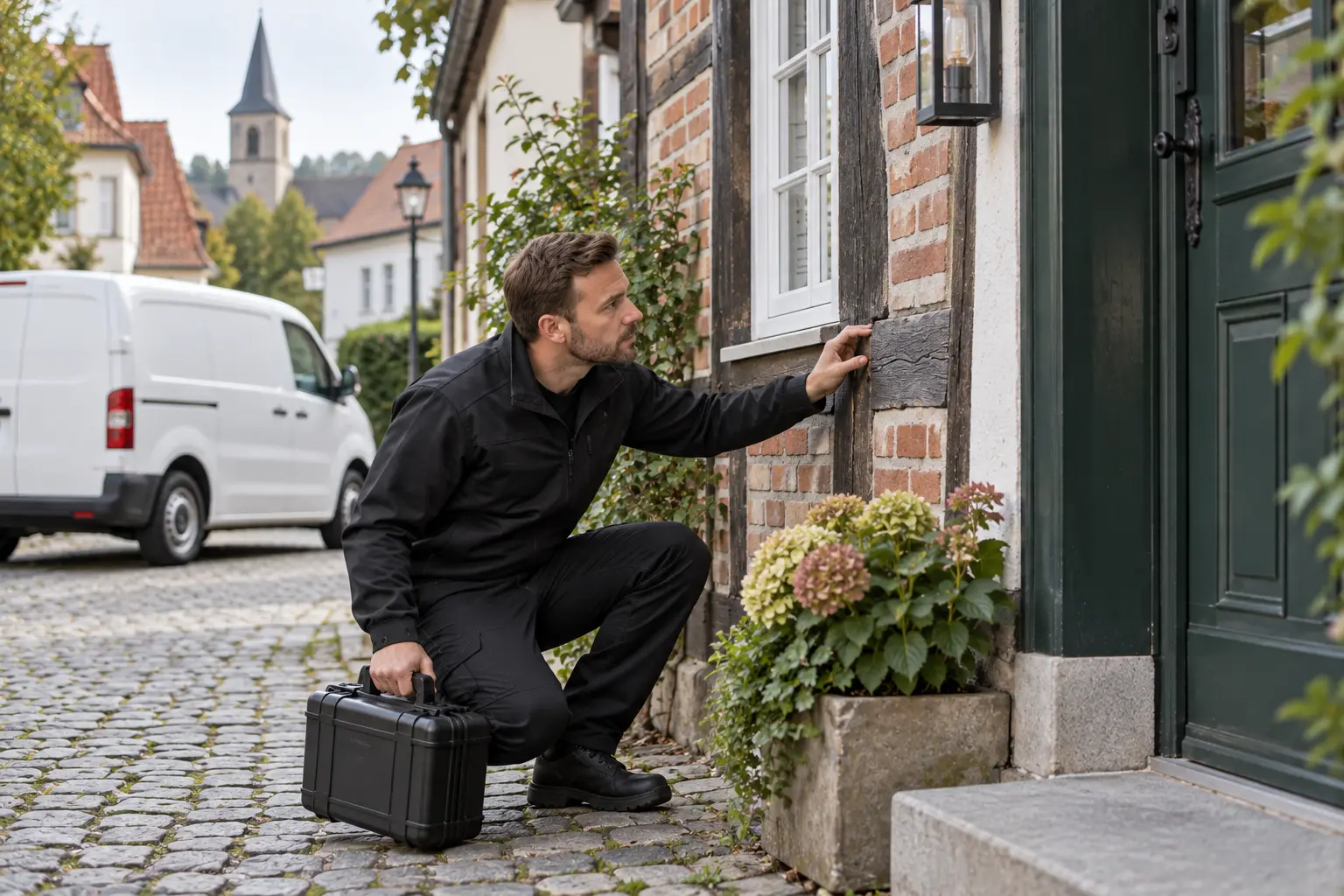 Fachkraft untersucht den Anschluss eines Holzbalkens an einer Fachwerkfassade