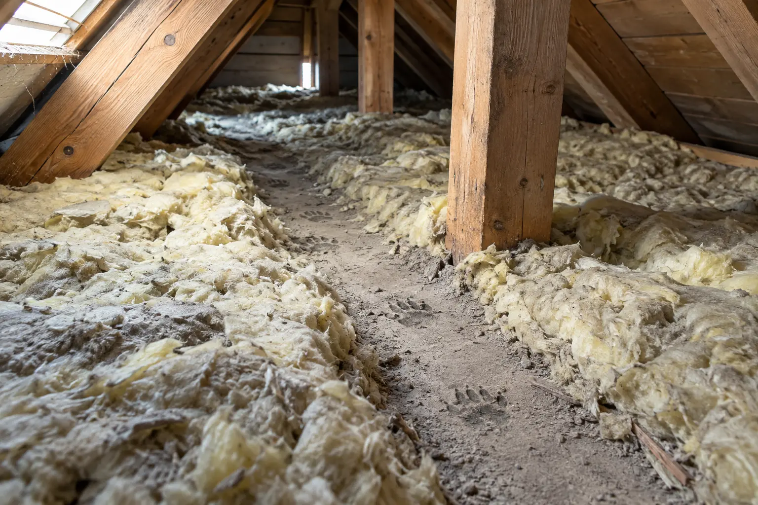 Breiter Laufweg und fünfzehige Spuren in der Dämmung eines Dachraums