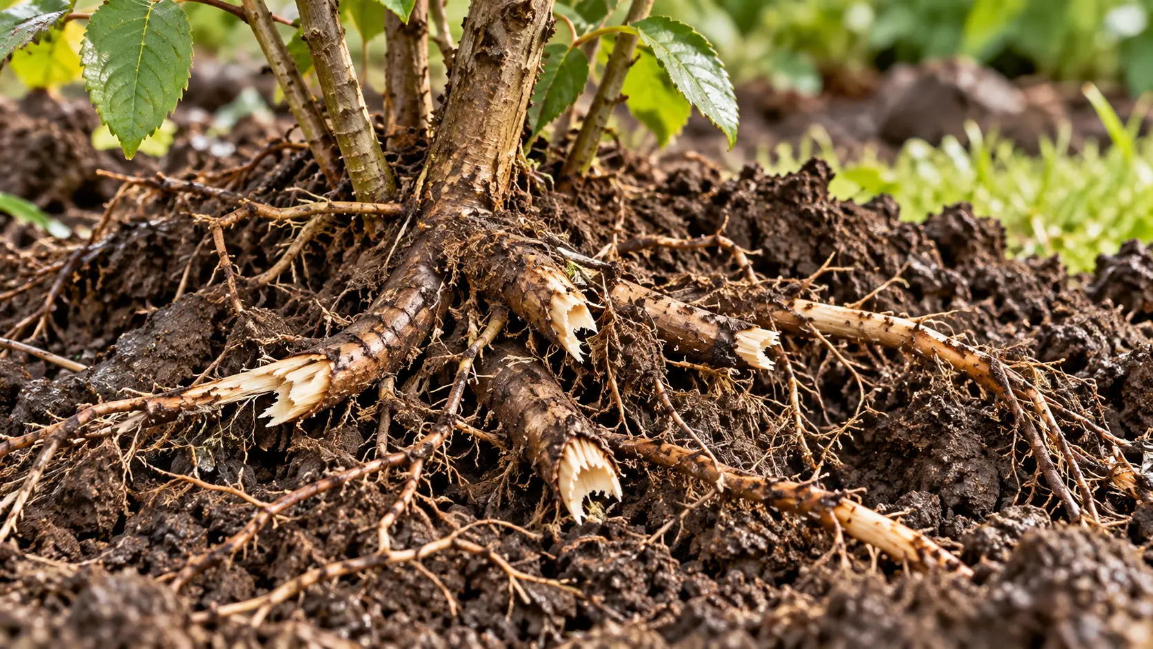 Freigelegte, deutlich angenagte Wurzeln eines Gartenstrauchs