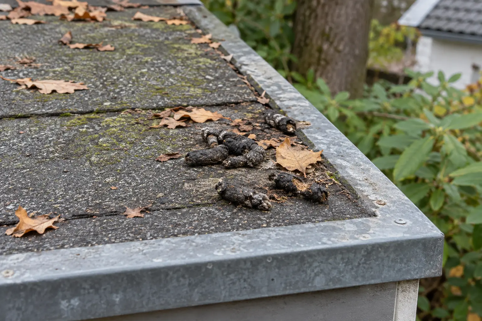 Wiederholt genutzter Kotplatz eines Waschbären auf einem Flachdach