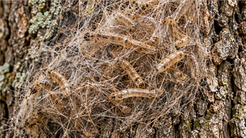 Altes trockenes Gespinst mit Häutungsresten auf Eichenrinde
