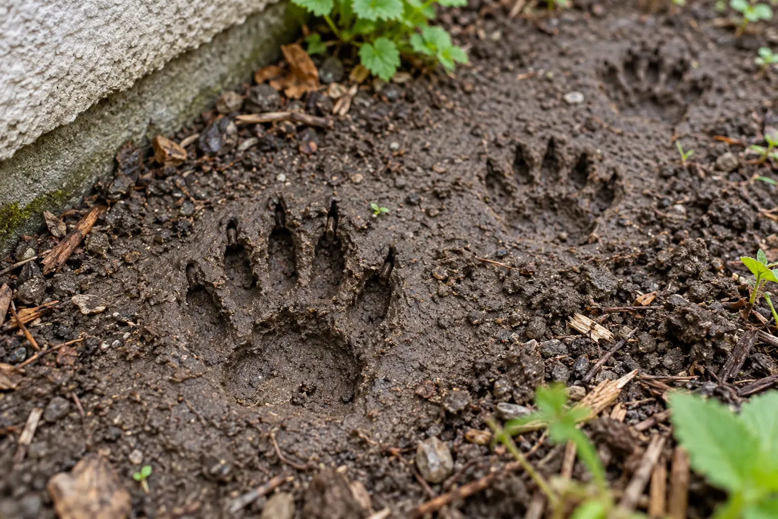 Handähnliche fünfzehige Waschbärspuren in feuchter Erde