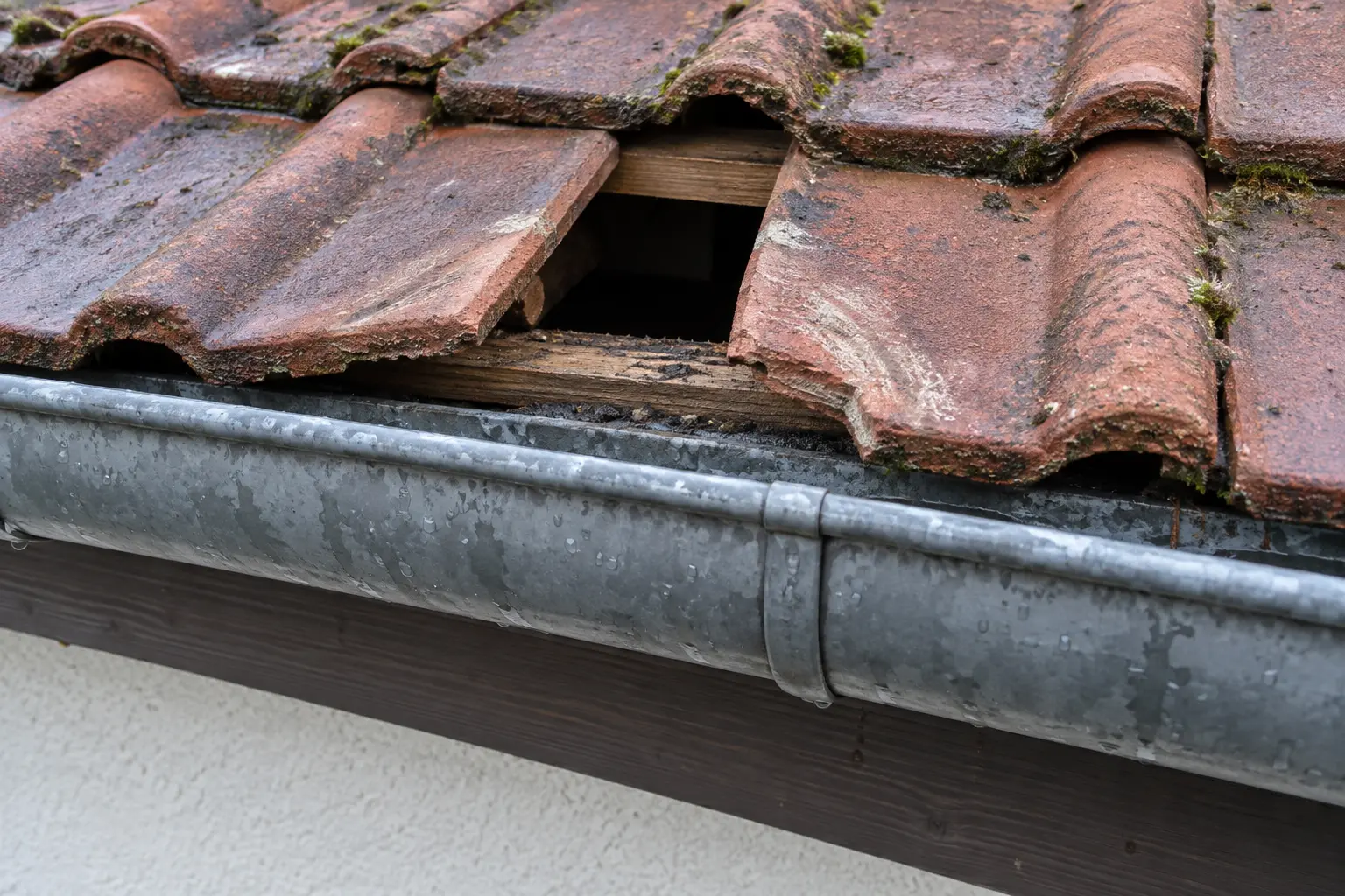 Verschobene Dachziegel mit einer sichtbaren Öffnung oberhalb der Dachrinne