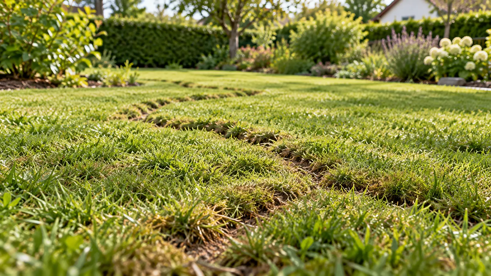 Flache, linienförmige Laufgänge im Rasen