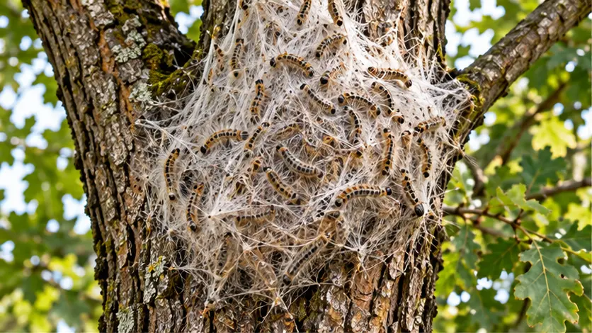 Dichtes Gespinstnest an einem kräftigen Eichenstamm