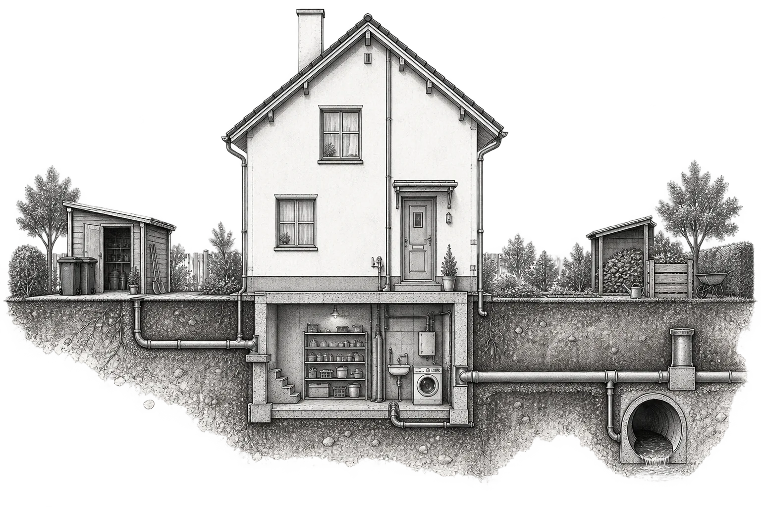 Architektonischer Gebäudeschnitt mit Keller, Leitungen, Kanal, Garten und Nebenbereichen