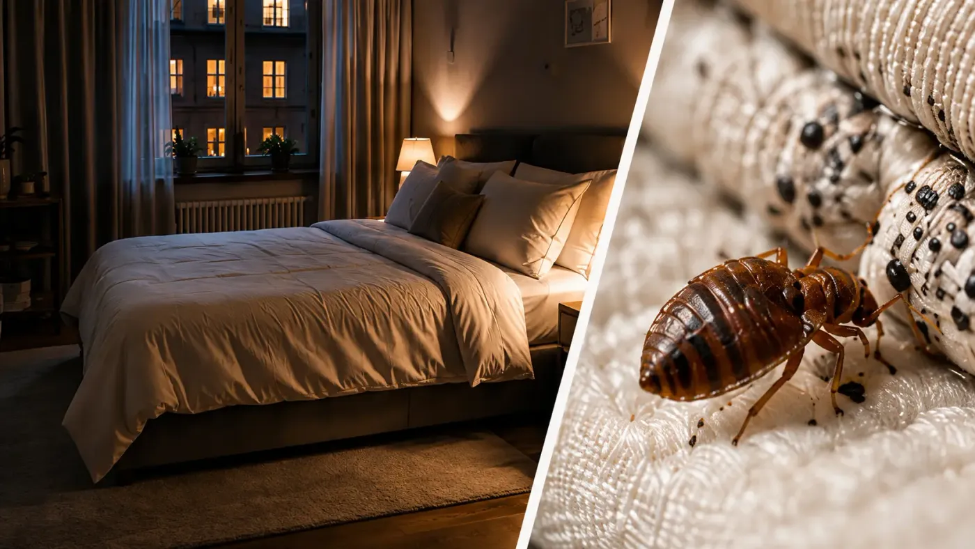 Nächtliches Schlafzimmer und Bettwanze an einer Matratzennaht