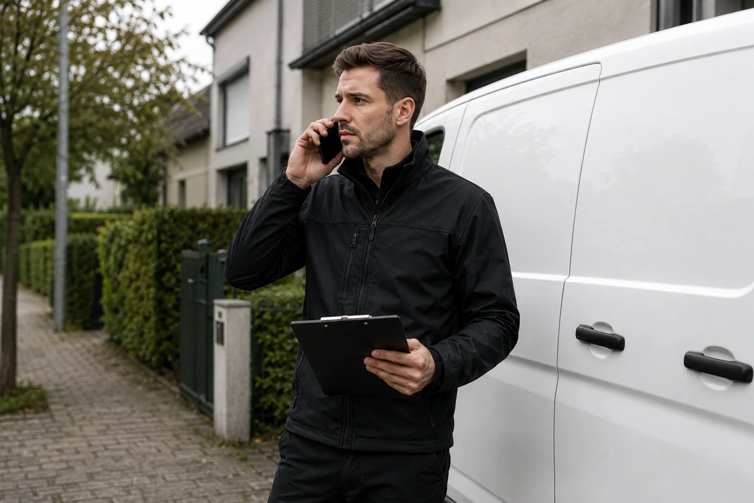 Techniker telefoniert neben einem weißen Servicefahrzeug