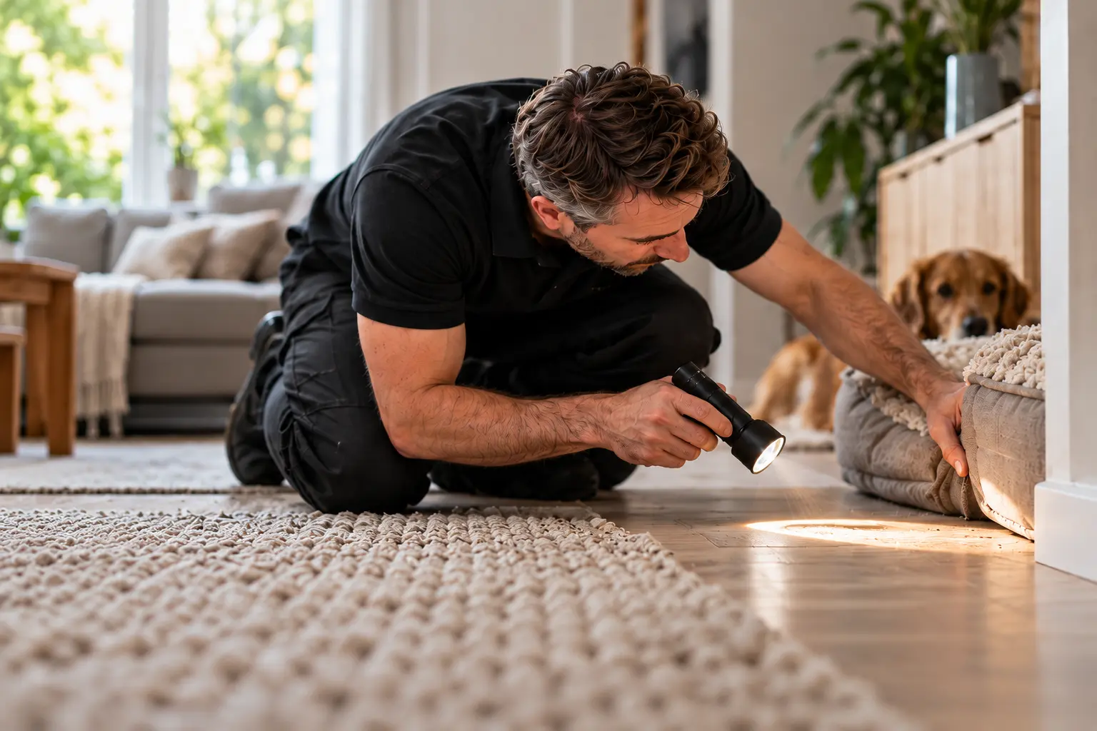 Fachkraft untersucht Tierplatz, Teppich und Sockelleiste mit einer Taschenlampe
