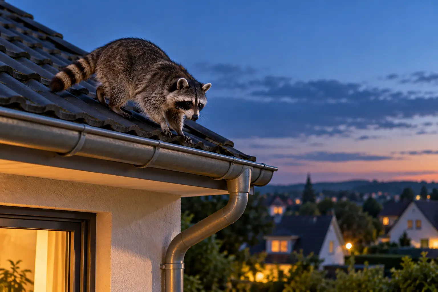 Waschbär läuft in der Dämmerung entlang einer Dachrinne