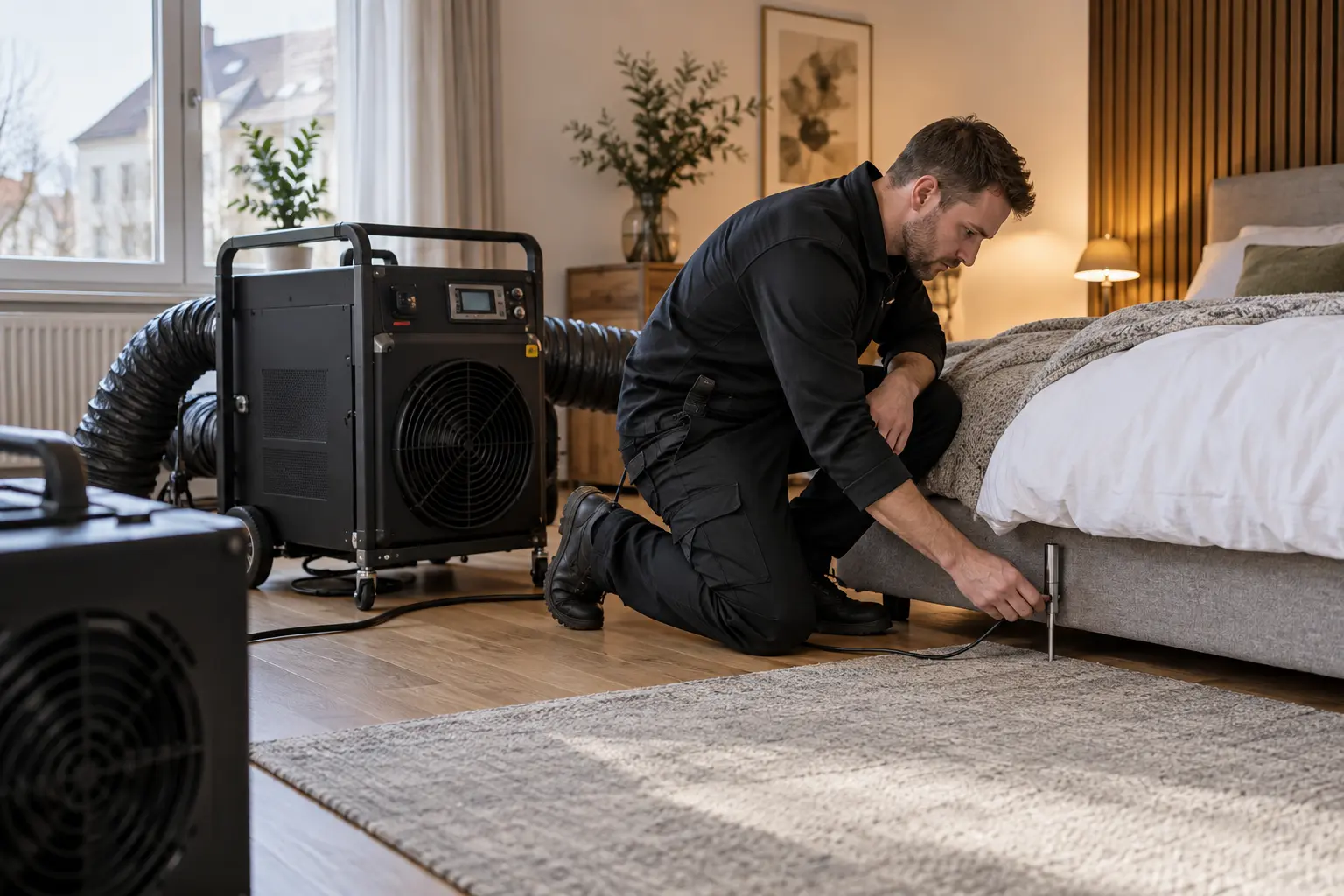 Person befestigt einen Messfühler am Bett; daneben steht ein Heizgerät mit Luftschlauch