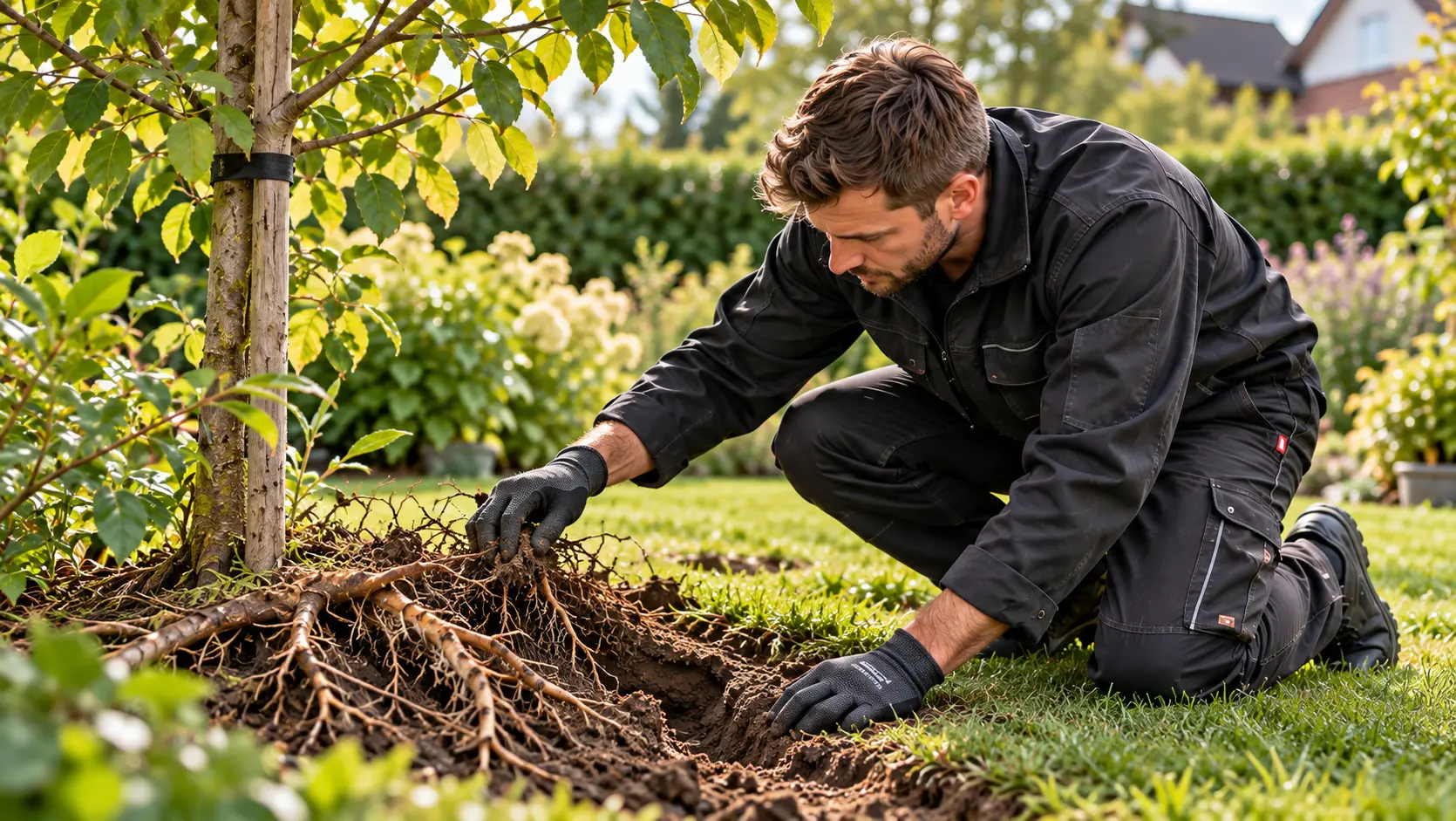 Fachkraft untersucht freigelegte Wurzeln und einen flachen Gang im Garten