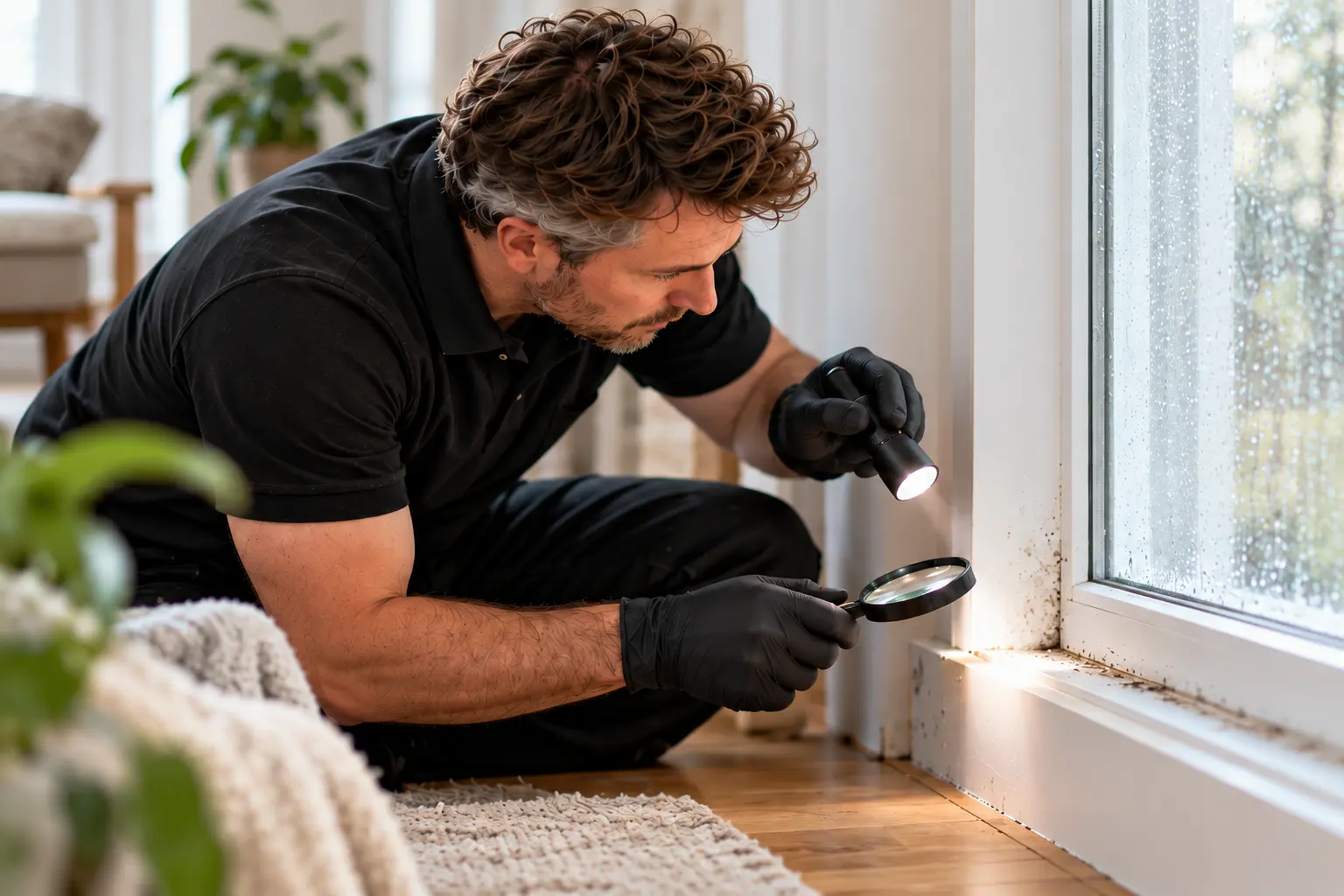 Fachkraft untersucht den feuchten Rand eines Fensters mit Lupe und Taschenlampe