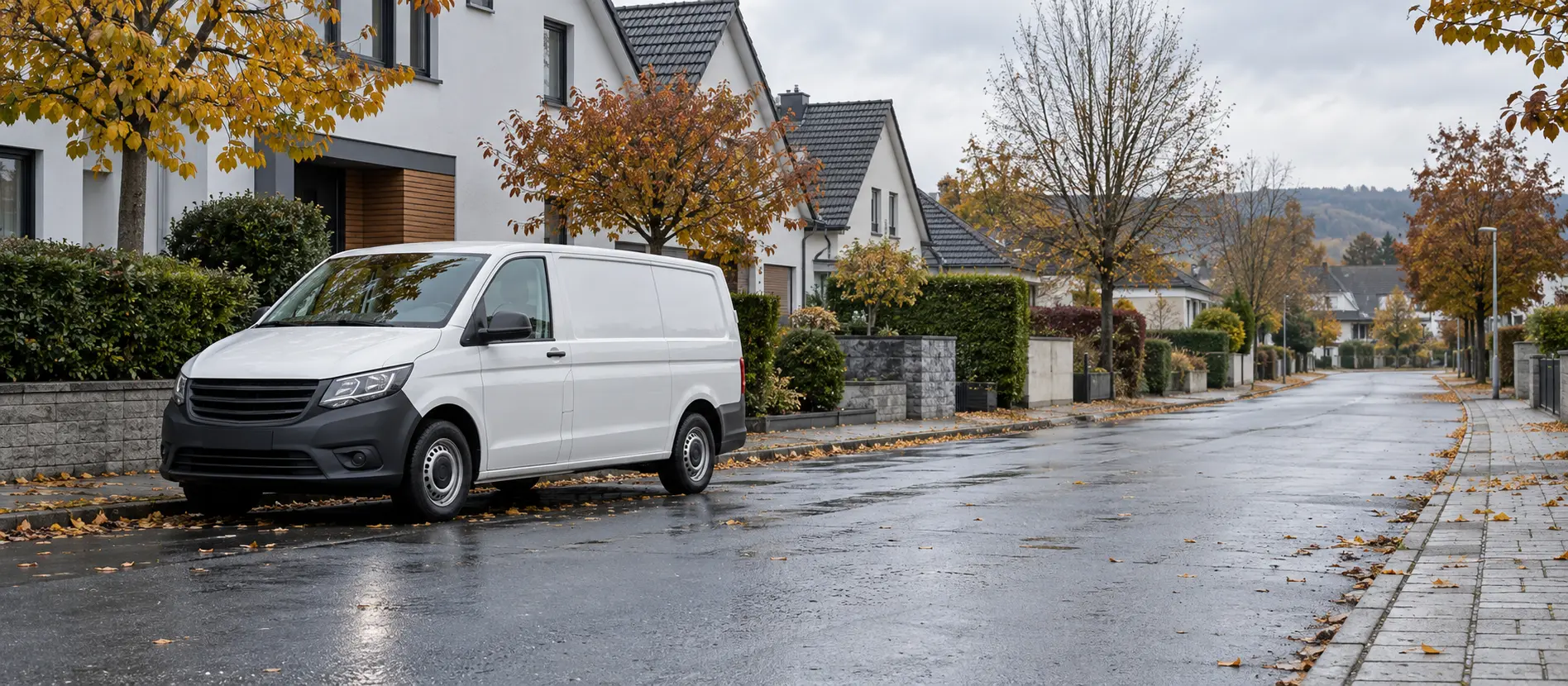 Neutraler weißer Servicewagen in einer ruhigen Wohnstraße