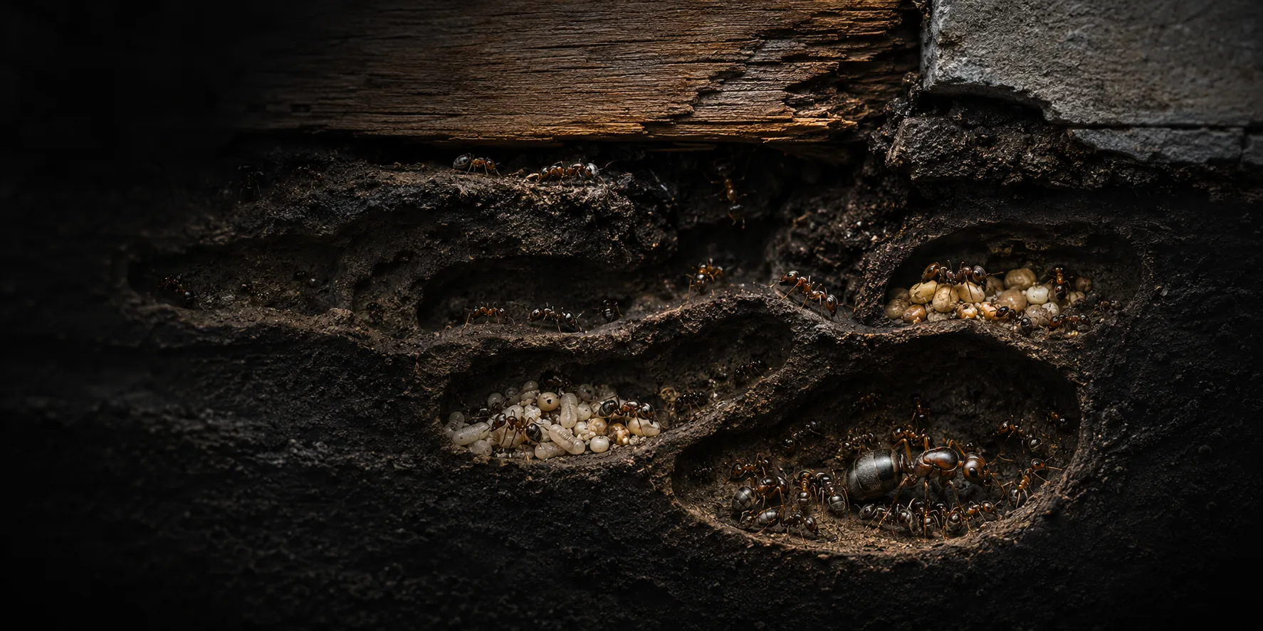 Querschnitt einer Ameisenkolonie unter einem feuchtegeschädigten Bauteil