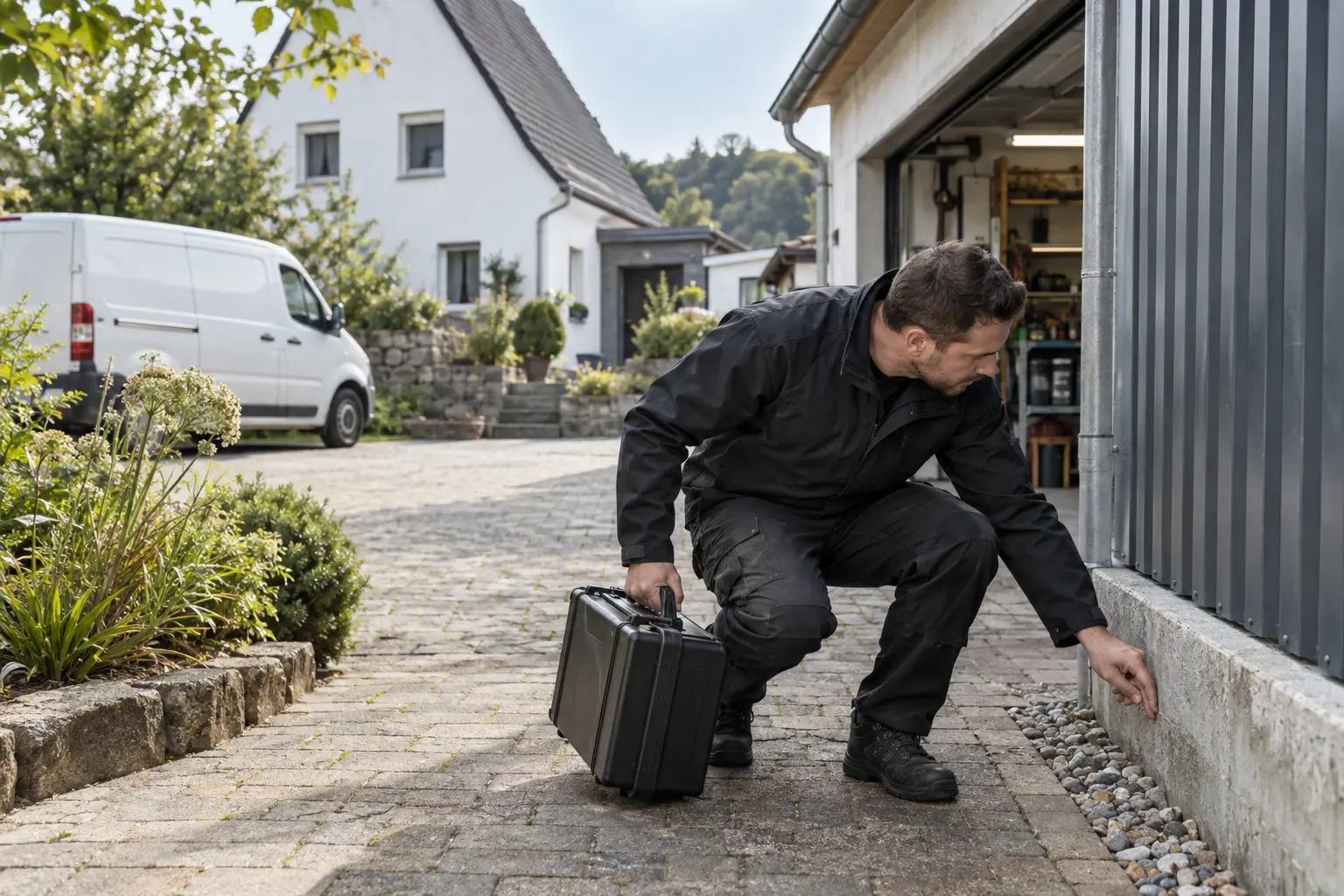 Fachkraft prüft den Übergang zwischen Wohnhaus, Garage und kleinem Betriebsgebäude