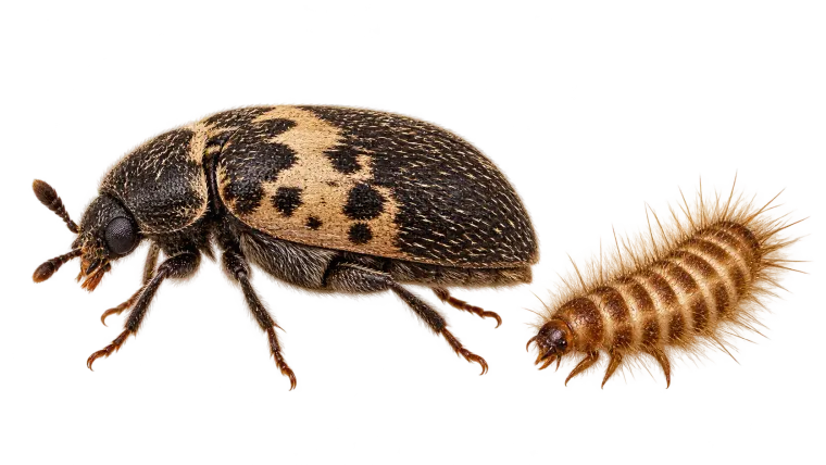 Freigestellter Speckkäfer neben einer deutlich behaarten Larve