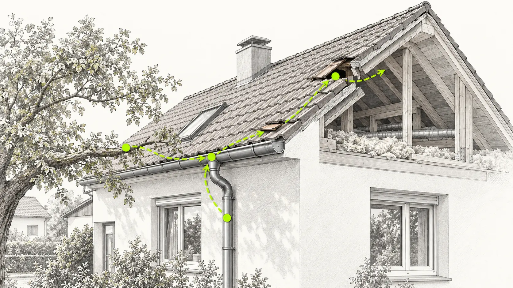 Technische Hauszeichnung mit markiertem Laufweg über Baum, Fallrohr, Dachkante und verschobene Ziegel in den Dachraum