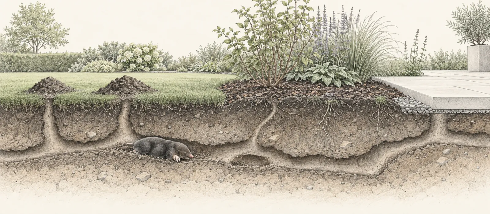 Schematischer Gartenquerschnitt mit Maulwurfshügeln, Gangsystem, Beet und Terrassenkante
