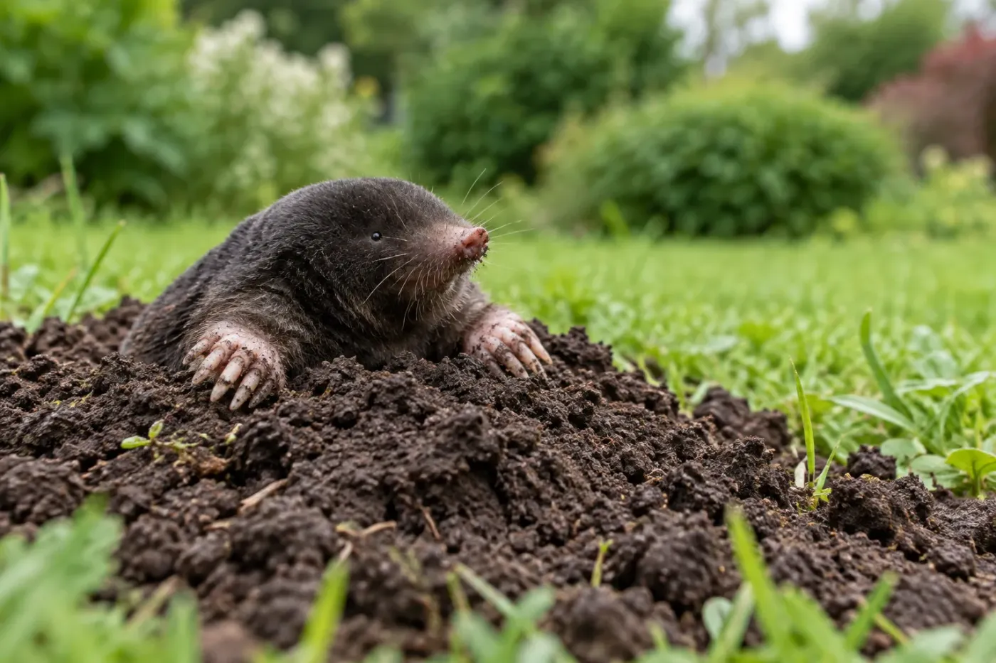 Europäischer Maulwurf zwischen dunkler Erde und grünem Gras