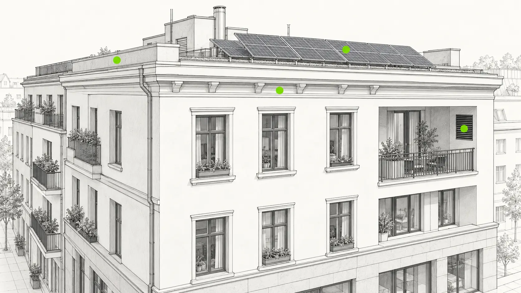 Technische Fassadenzeichnung mit markierten Dachkanten, Solaranlage, Gesimsen, Fensterbänken, Balkon und Lüftungsöffnung