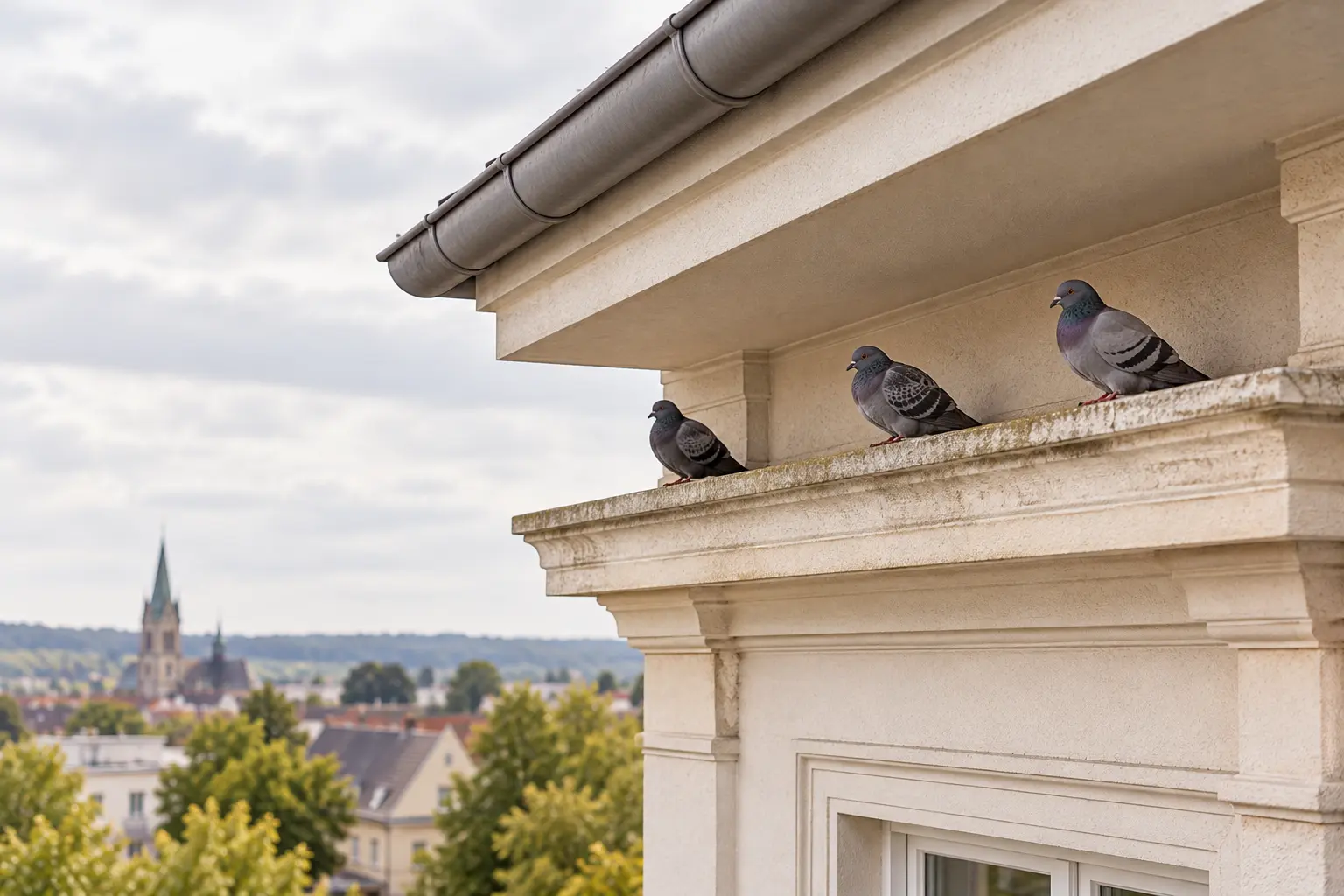Drei Stadttauben auf einem geschützten Gesims unter einem Dachüberstand