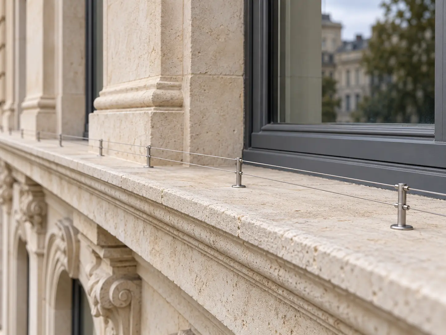 Niedriges Taubenabwehr-Drahtsystem auf einer Fensterbank