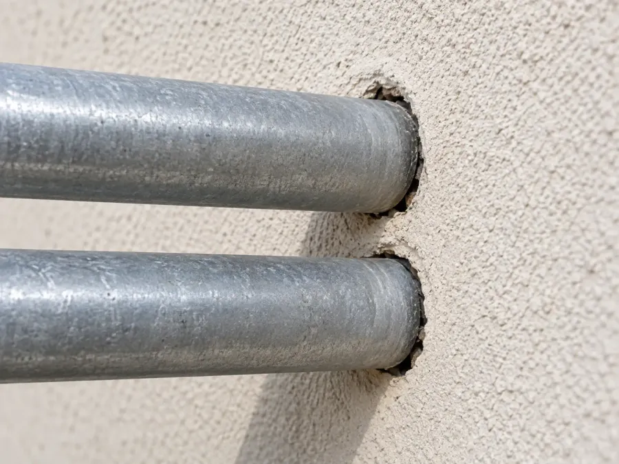 Detail offener Ränder an zwei Rohrdurchführungen in einer Außenwand