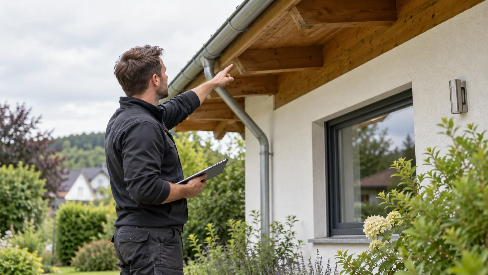 Fachkraft dokumentiert die vermutete Nestlage am Dachüberstand