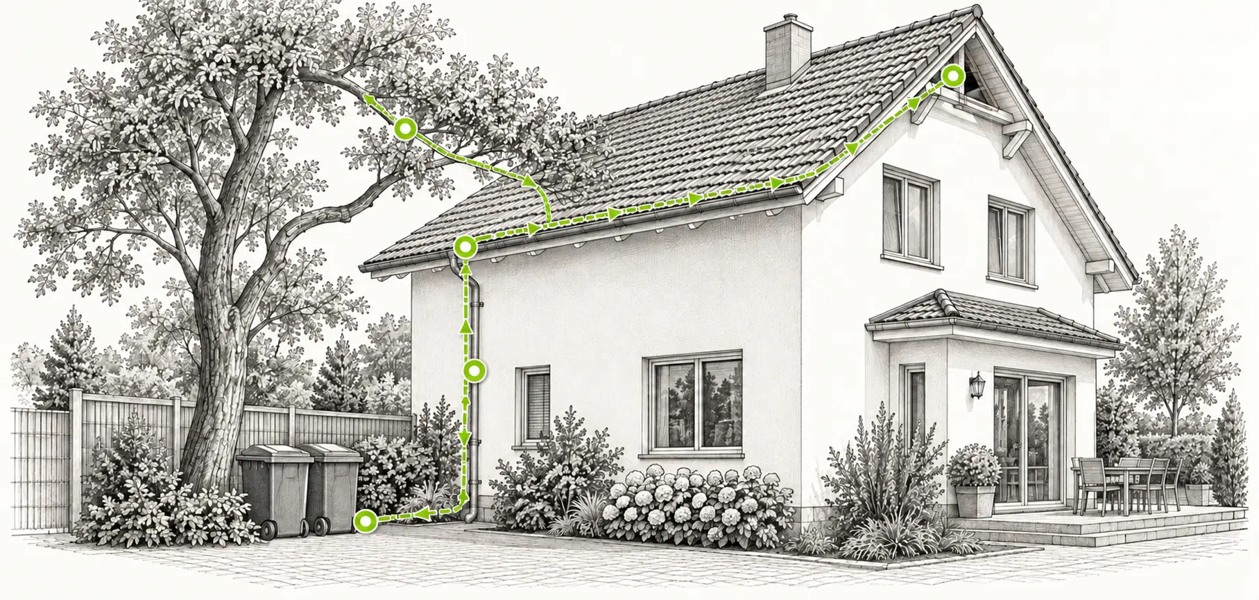 Technische Hauszeichnung mit markierten Waschbär-Laufwegen über Garten, Baum, Fallrohr und Dachrinne bis zu einer Dachöffnung