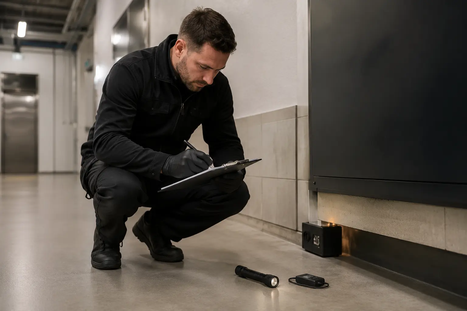 Techniker dokumentiert einen Kontrollpunkt in einem Betriebsgebäude