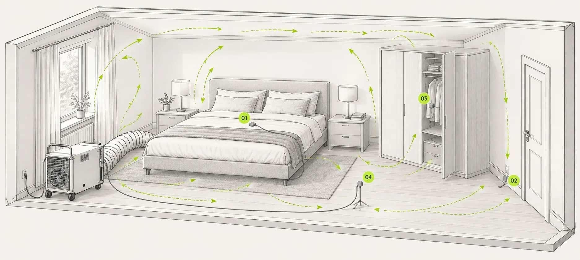 Schematische Schlafzimmerzeichnung mit Bett, Fußleiste, Schrank, Heizgerät und vier beispielhaften Messstellen