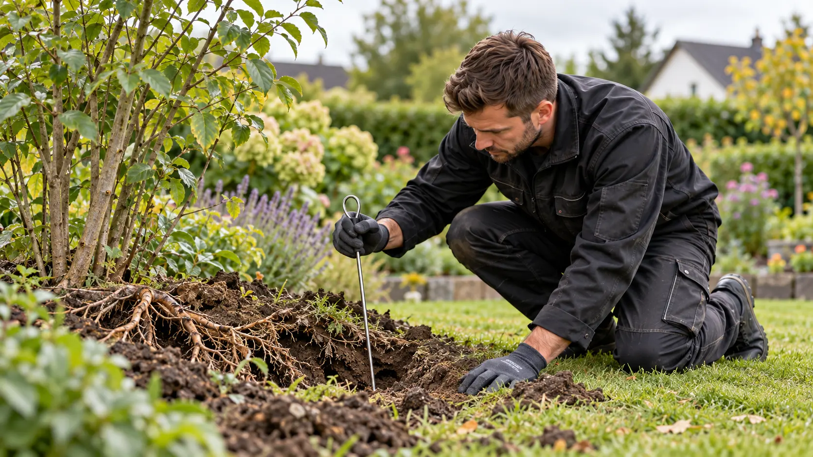 Fachkraft prüft mit einer Sonde einen verdächtigen Gang im Garten