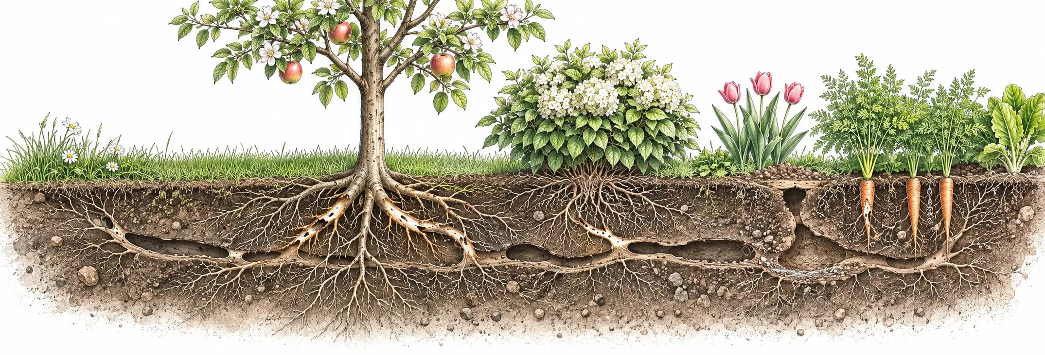 Technische Gartenzeichnung mit Wurzeln und einem flachen Wühlmaus-Gangsystem